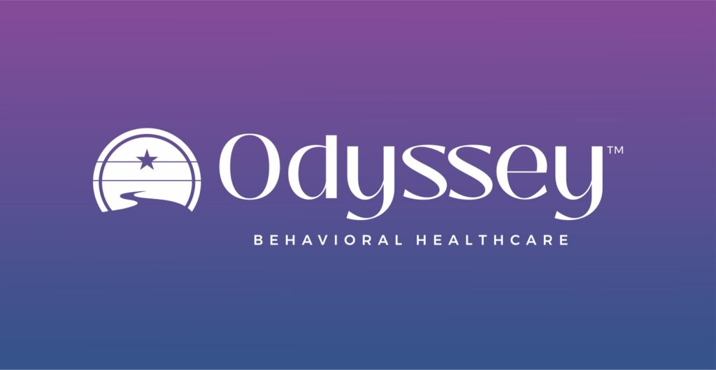 white Odyssey Behavioral Healthcare horizontal logo with purple and blue gradient background