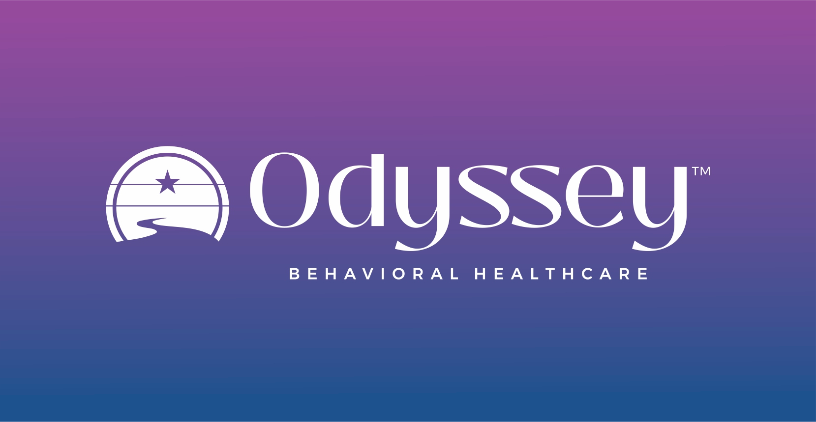 white Odyssey Behavioral Healthcare horizontal logo with purple and blue gradient background